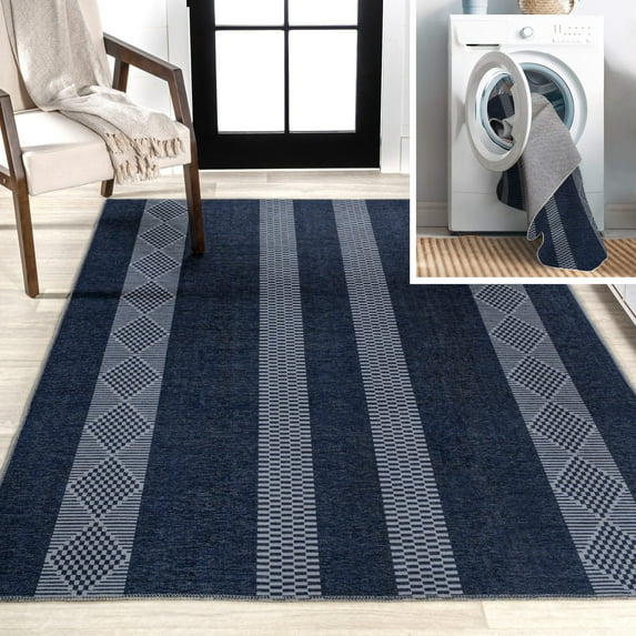JONATHAN Y WASHABLE 5 x 8 Area Rug, Nautisk Trellis Stripe - Navy/Gray, WSH120A-5