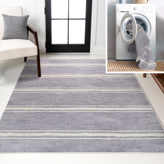 JONATHAN Y WASHABLE 3 x 5 Area Rug, Bande Distressed Stripe - Lavender/Ivory, WSH121A-3