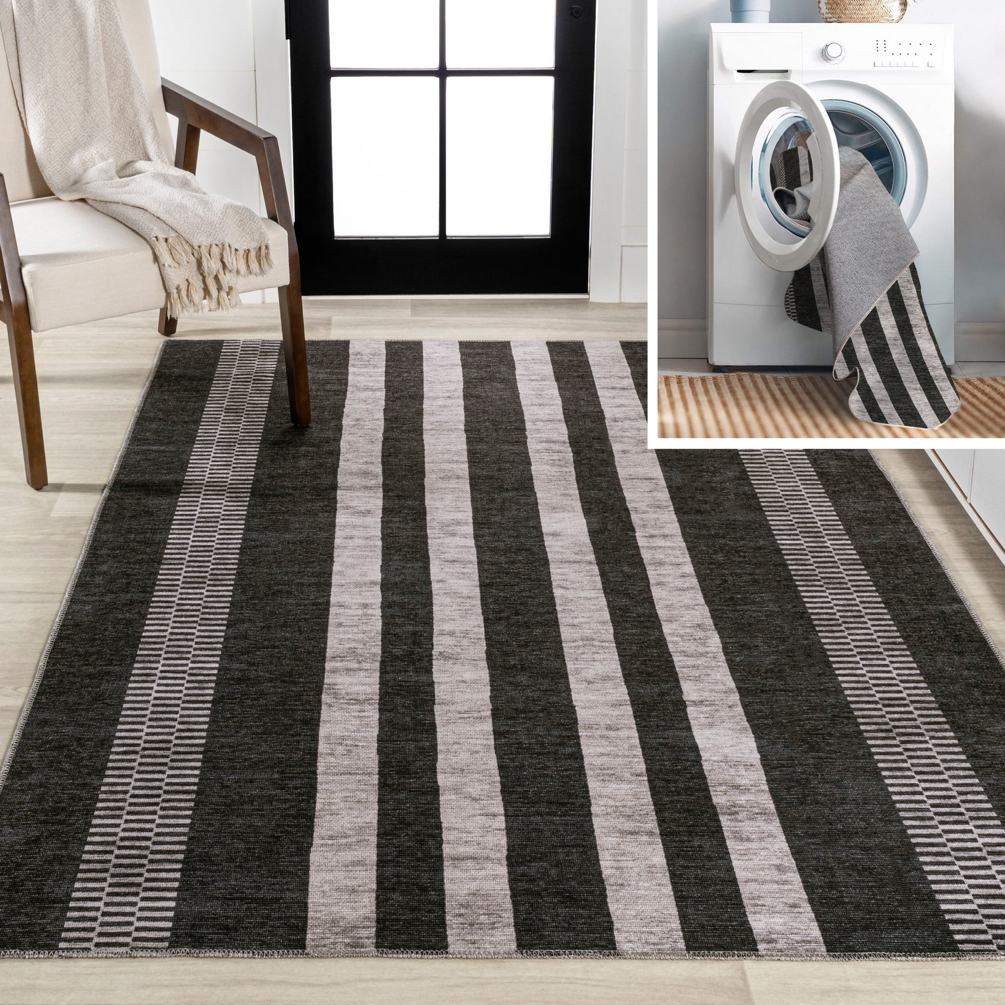 Black and Ivory Rectangular Synthetic Stripe Washable Area Rug