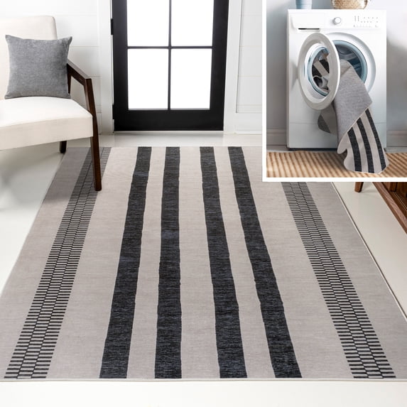 JONATHAN Y WASHABLE 3 x 5 Area Rug, Vichy Geometric Striped - Ivory/Dark Gray, WSH122B-3