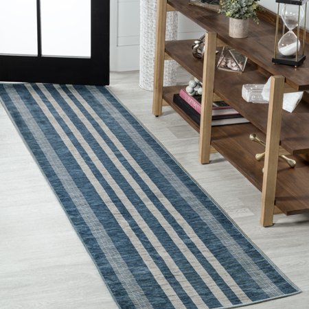 JONATHAN Y WASHABLE 2 x 8 Runner Rug, Vichy Geometric Striped - Blue/Cream, WSH122D-28