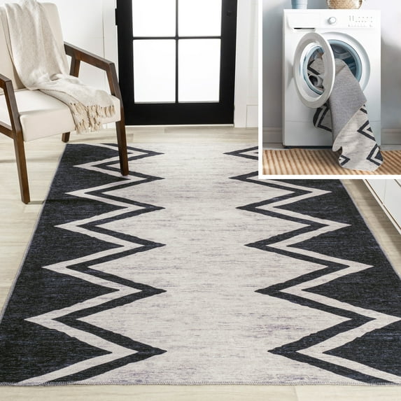 JONATHAN Y WASHABLE 5 x 8 Area Rug, Siksak Chevron Border - Ivory/Navy, WSH124A-5
