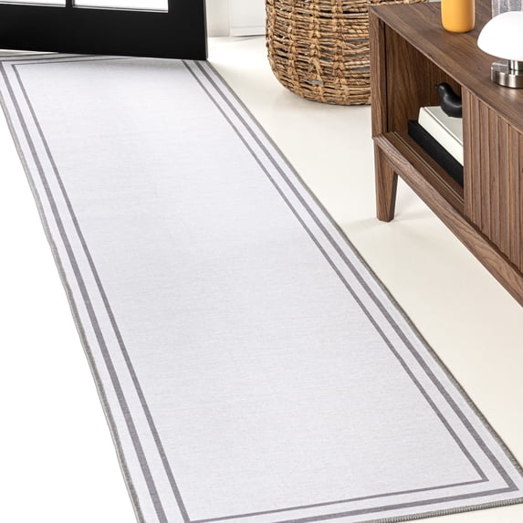 JONATHAN Y WASHABLE 2 x 8 Runner Rug, Sloane 2-Stripe Border Washable - White/Gray, WSH125B-28
