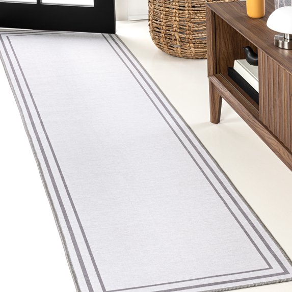 JONATHAN Y WASHABLE 2 x 8 Runner Rug, Sloane 2-Stripe Border Washable - White/Gray, WSH125B-28