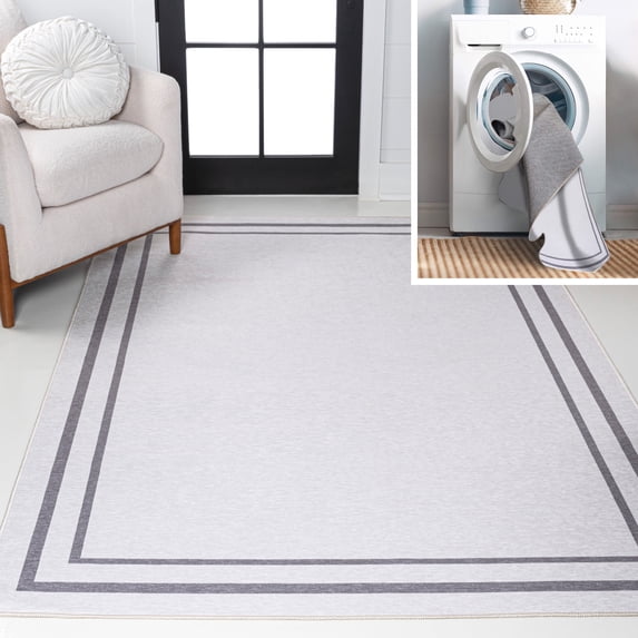 JONATHAN Y WASHABLE 4 x 6 Area Rug, Sloane 2-Stripe Border Washable - White/Gray, WSH125B-4