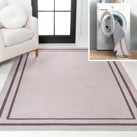 JONATHAN Y WASHABLE 4 x 6 Area Rug, Sloane 2-Stripe Border Washable - Light Purple/Dark Purple, WSH125D-4