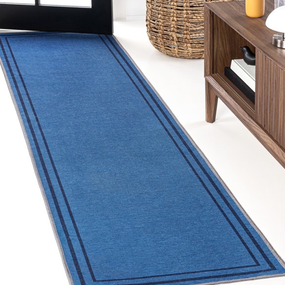 JONATHAN Y WASHABLE 2 x 8 Runner Rug, Sloane 2-Stripe Border Washable - Blue/Navy, WSH125E-28