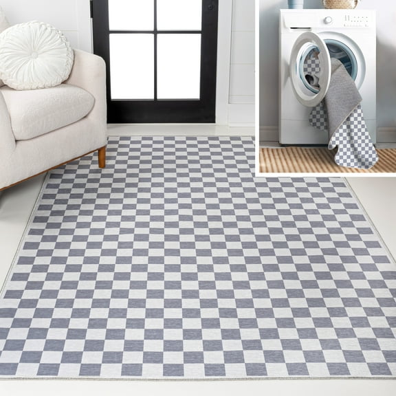JONATHAN Y WASHABLE 8 x 10 Area Rug, Ainsley Cottage Checkerboard Washable - Purple Gray/White, WSH126A-8