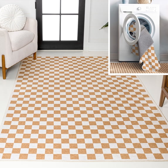 JONATHAN Y WASHABLE 3 x 5 Area Rug, Ainsley Cottage Checkerboard Washable - Gold/Cream, WSH126B-3