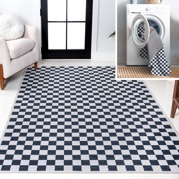 JONATHAN Y WASHABLE 4 x 6 Area Rug, Ainsley Cottage Checkerboard Washable - Dark Blue/White, WSH126C-4