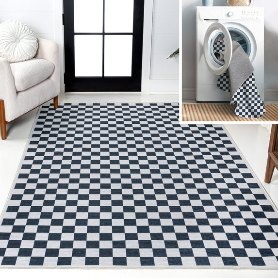 JONATHAN Y WASHABLE 9 x 12 Area Rug, Ainsley Cottage Checkerboard Washable - Dark Blue/White, WSH126C-9