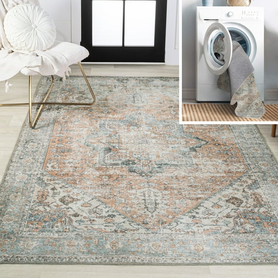 JONATHAN Y WASHABLE 3 x 5 Area Rug, Armae Distressed Medallion Chenille - Terra/Blue, WSH200A-3