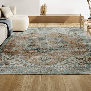 JONATHAN Y WSH200A-5 Armae Distressed Medallion Chenille Machine-Washable Terra/Blue 5 ft. x 8 ft. Area Rug, Vintage Bohemian, Pet Friendly, Stain Resistant, Easy to Clean, for Living Room, Bedroom