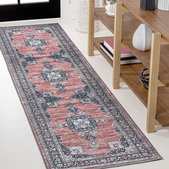 JONATHAN Y WASHABLE 2 x 8 Runner Rug, Bausch Bohemian Distressed Chenille - Dark Pink/Black/White, WSH201B-28