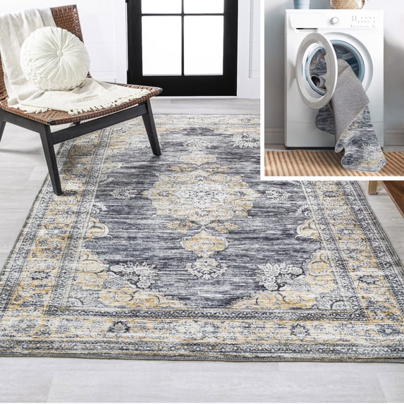 JONATHAN Y WASHABLE 3 x 5 Area Rug, Bausch Bohemian Distressed Chenille - Dark Gray/Yellow, WSH201C-3
