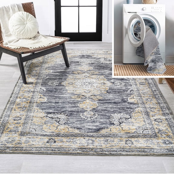 JONATHAN Y WASHABLE 4 x 6 Area Rug, Bausch Bohemian Distressed Chenille - Dark Gray/Yellow, WSH201C-4