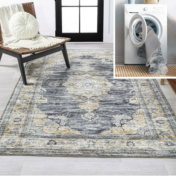 JONATHAN Y WASHABLE 8 x 10 Area Rug, Bausch Bohemian Distressed Chenille - Dark Gray/Yellow, WSH201C-8
