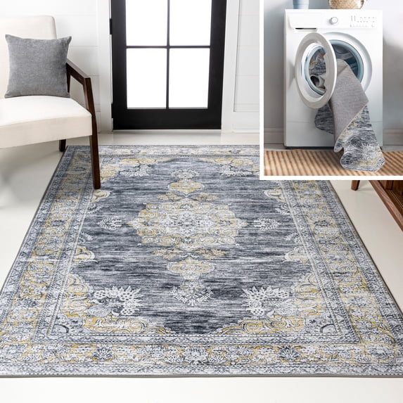 JONATHAN Y WASHABLE 8 x 10 Area Rug, Bausch Bohemian Distressed Chenille - Dark Gray/Yellow, WSH201C-8