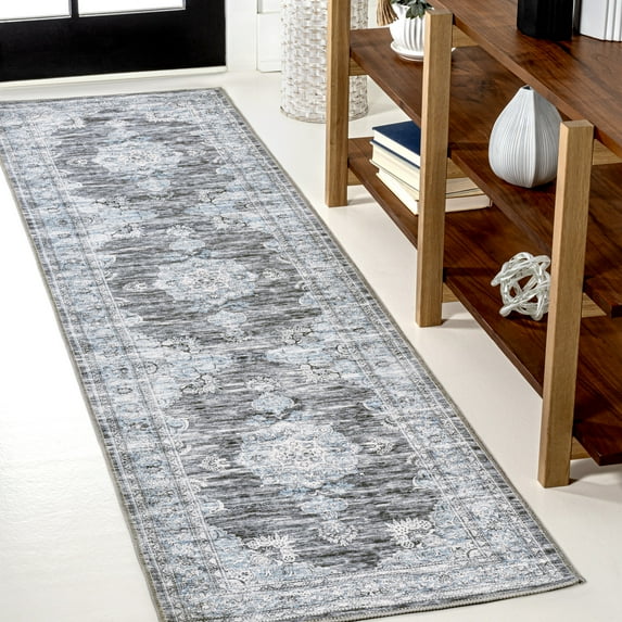JONATHAN Y WASHABLE 2 x 8 Runner Rug, Bausch Bohemian Distressed Chenille - Dark Gray/Blue, WSH201D-28