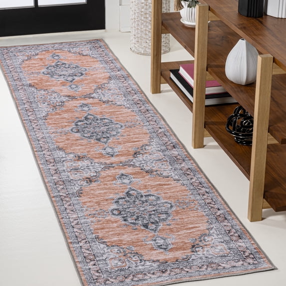 JONATHAN Y WASHABLE 2 x 8 Runner Rug, Wincer Chenille Cottage Medallion - Orange/Gray, WSH202B-28