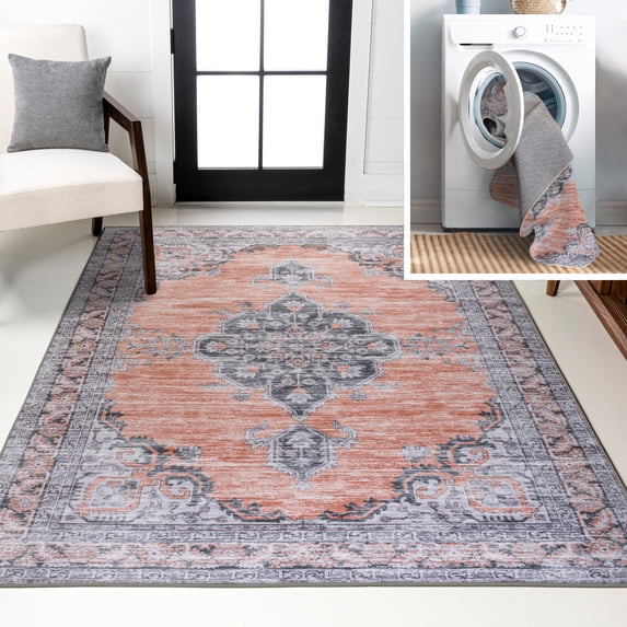 JONATHAN Y WASHABLE 5 x 8 Area Rug, Wincer Chenille Cottage Medallion - Orange/Gray, WSH202B-5