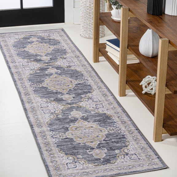 JONATHAN Y WASHABLE 2 x 8 Runner Rug, Wincer Chenille Cottage Medallion - Dark Gray/Yellow, WSH202C-28