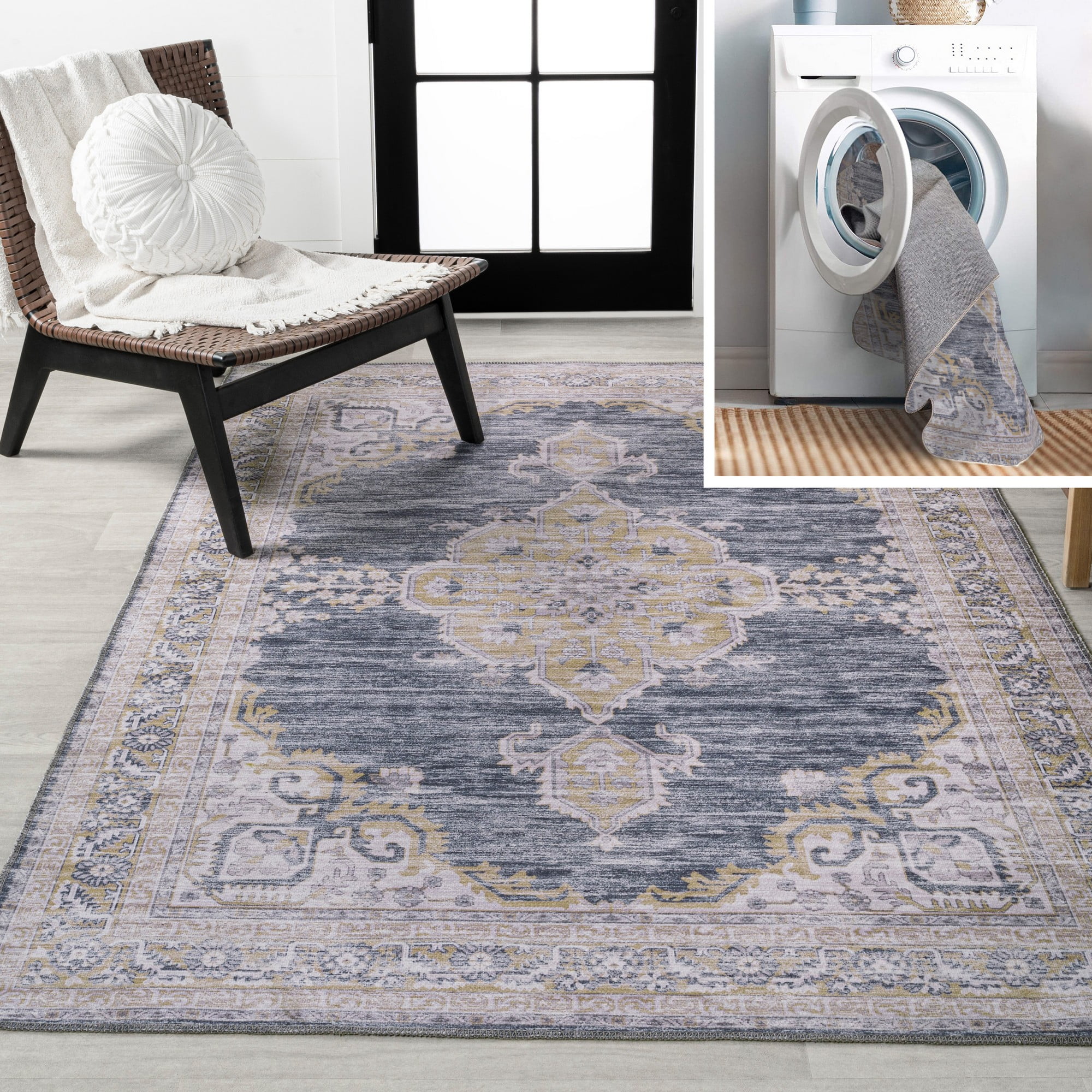 Wincer Dark Gray and Yellow Cotton Chenille Medallion Washable 3 ft x 5 ft Area Rug