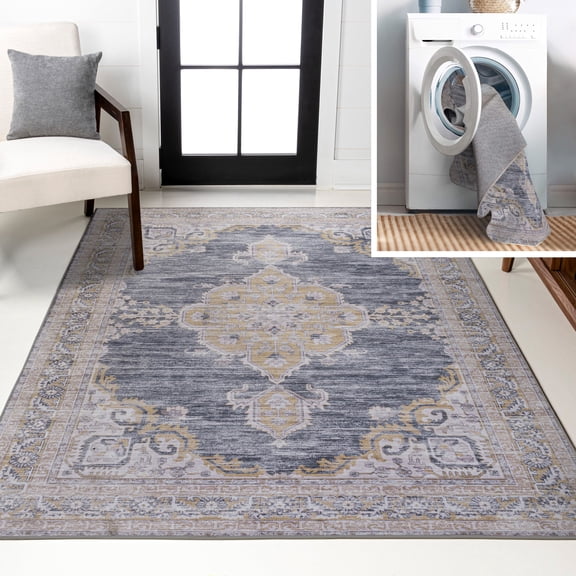 JONATHAN Y WASHABLE 5 x 8 Area Rug, Wincer Chenille Cottage Medallion - Dark Gray/Yellow, WSH202C-5