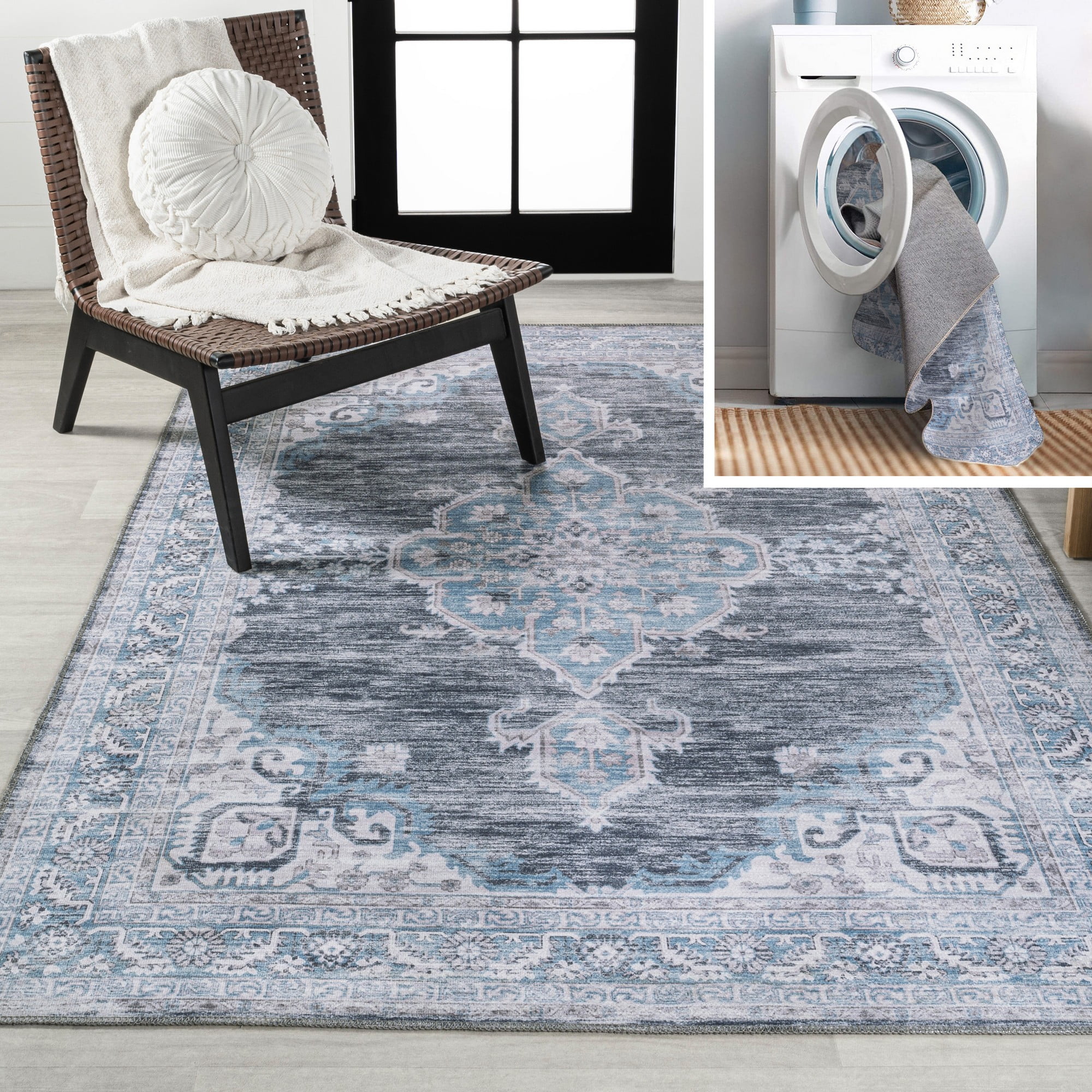 Gray and Blue Chenille Medallion Washable Area Rug