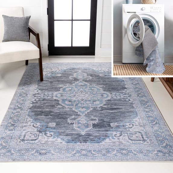 JONATHAN Y WASHABLE 4 x 6 Area Rug, Wincer Chenille Cottage Medallion - Gray/Blue/White, WSH202D-4