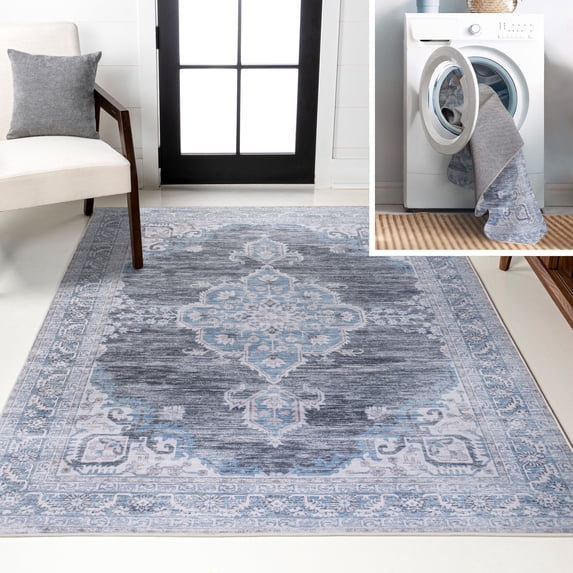 JONATHAN Y WASHABLE 8 x 10 Area Rug, Wincer Chenille Cottage Medallion - Gray/Blue/White, WSH202D-8