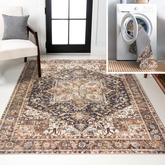 JONATHAN Y WASHABLE 5 x 8 Area Rug, Chapell Chenille Medallion - Black/Terra, WSH203A-5