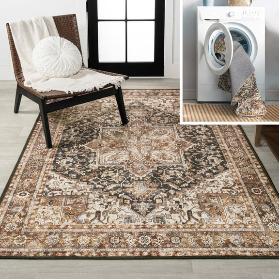 JONATHAN Y WASHABLE 8 x 10 Area Rug, Chapell Chenille Medallion - Black/Terra, WSH203A-8