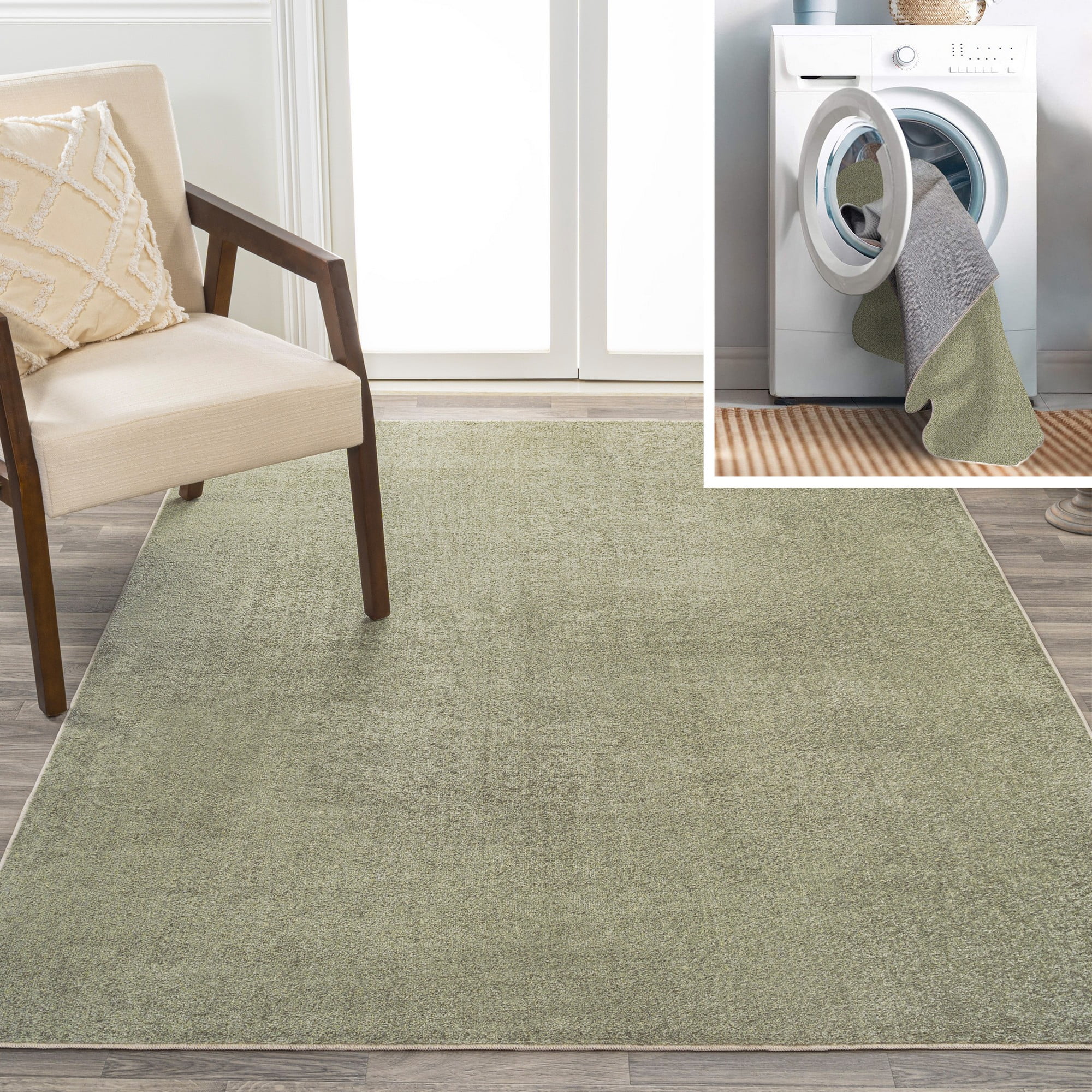 Sage Green Low-Pile Machine-Washable Synthetic Rectangular Area Rug