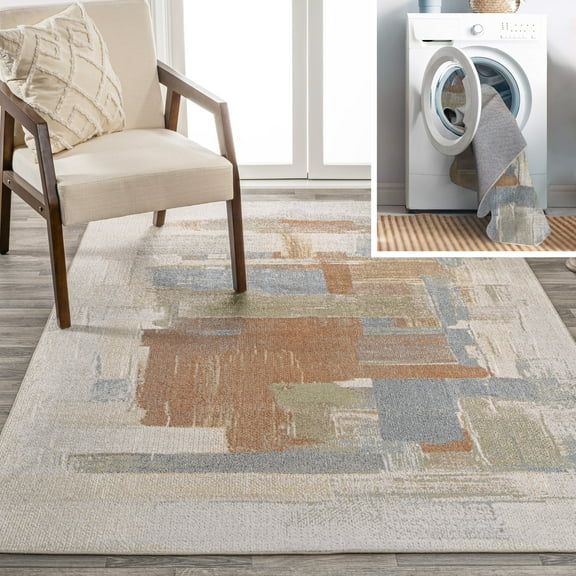 JONATHAN Y WASHABLE 3 x 5 Area Rug, Weaver Abstract Coastal Watercolor - Cream/Multi, WSH302A-3