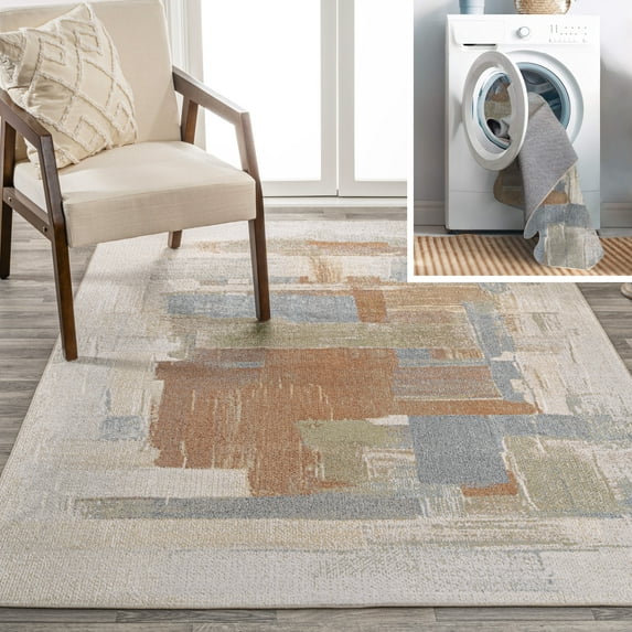 JONATHAN Y WASHABLE 8 x 10 Area Rug, Weaver Abstract Coastal Watercolor - Cream/Multi, WSH302A-8