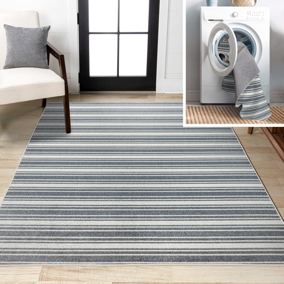 JONATHAN Y WASHABLE 5 x 8 Area Rug, Fawning Two-Tone Striped - Cream/Dark Gray, WSH304A-5