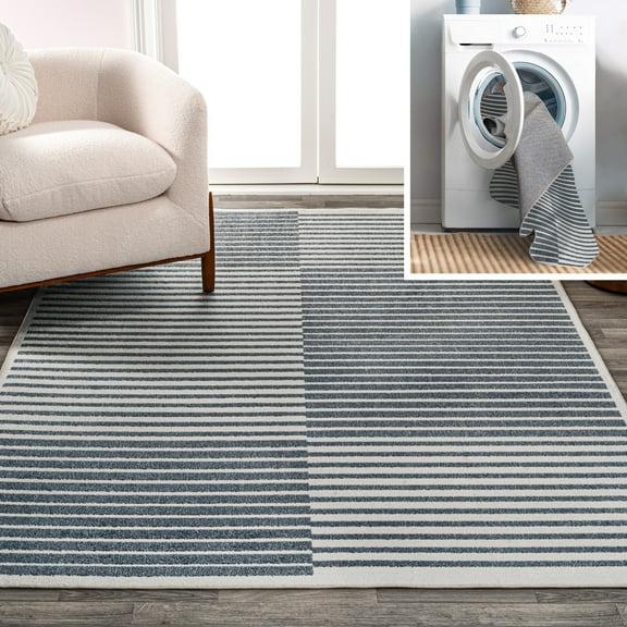 JONATHAN Y WASHABLE 4 x 6 Area Rug, Shutter Minimalist Striped Plaid - Dark Gray/Cream, WSH305A-4