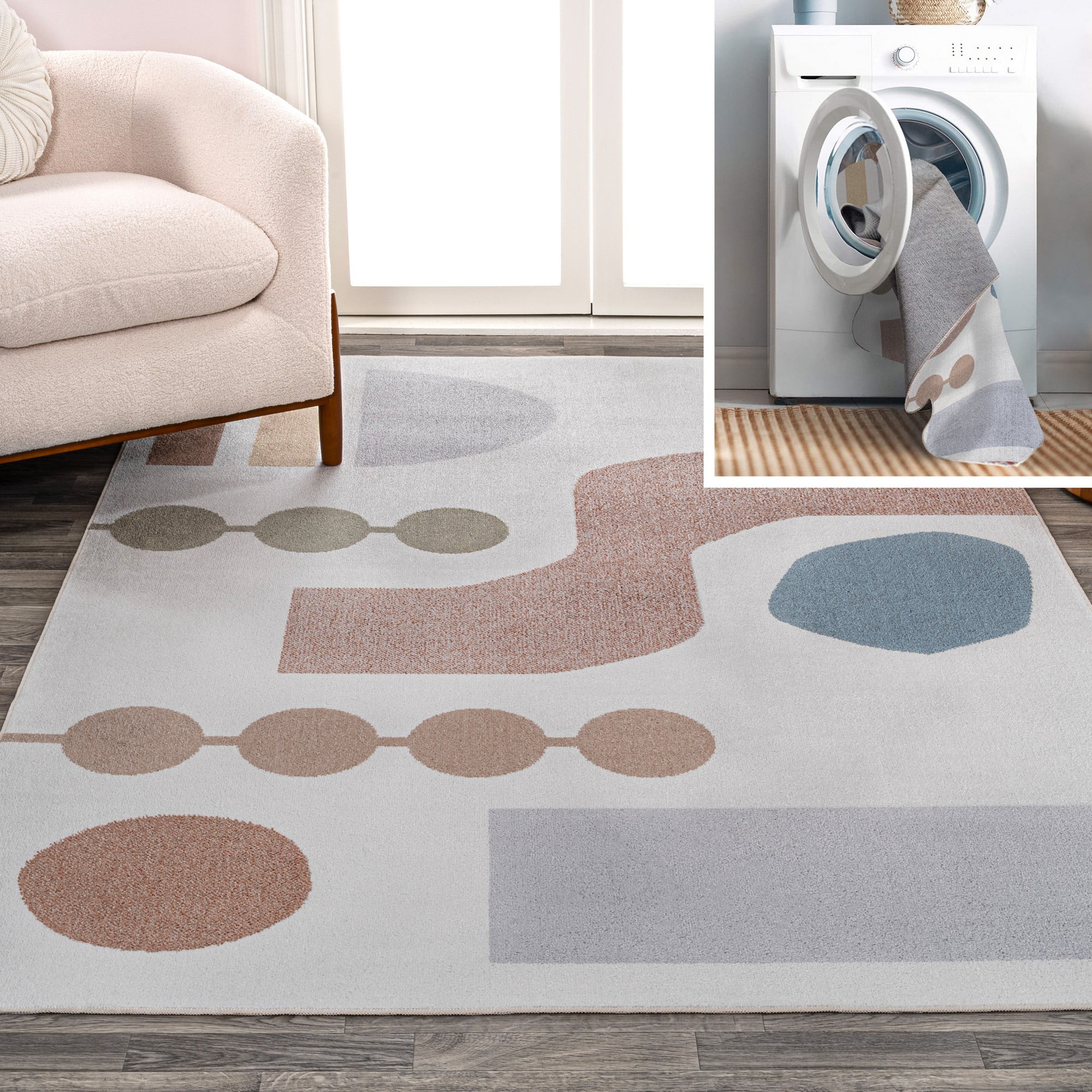 Cream and Multi Abstract Washable Kids Area Rug 3' x 5'
