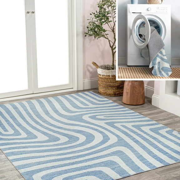 JONATHAN Y WASHABLE 5 x 8 Area Rug, Maze Abstract Two-Tone - Blue/Cream, WSH309A-5