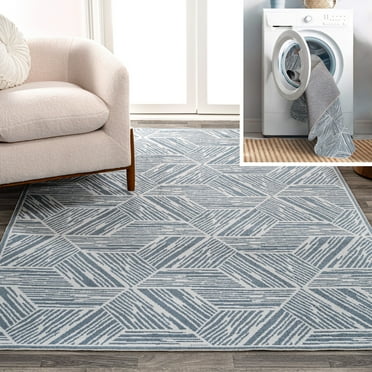 JONATHAN Y WSH313A-5 Vector Modern Coastal Geometric Machine-Washable Blue/Cream 5 ft. x 8 ft. Area Rug, Minimalist, Pet Friendly, Stain Resistant, Easy to Clean, for Living Room; Kitchen, Bedroom
