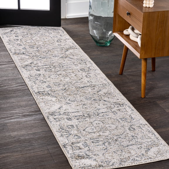 JONATHAN Y WASHABLE 2 x 8 Runner Rug, Edith Distressed Medallion - Cream/Light Gray, WSH315A-28