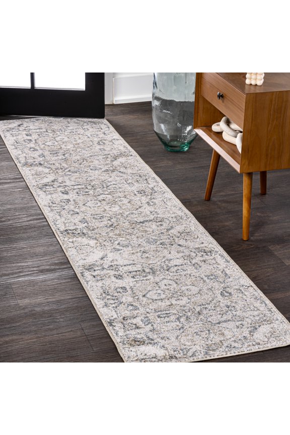 WASHABLE 2 x 8 Runner Rug, Edith Distressed Medallion - Cream/Light Gray, WSH315A-28