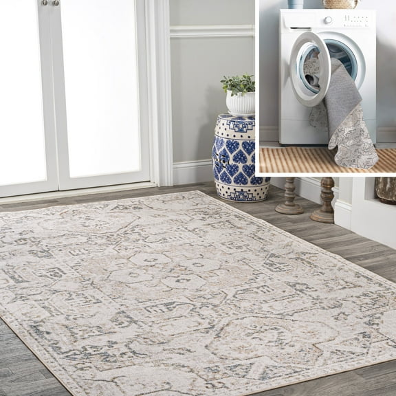 JONATHAN Y WASHABLE 5 x 8 Area Rug, Edith Distressed Medallion - Cream/Light Gray, WSH315A-5
