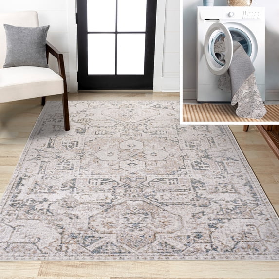JONATHAN Y WASHABLE 5 x 8 Area Rug, Edith Distressed Medallion - Cream/Light Gray, WSH315A-5