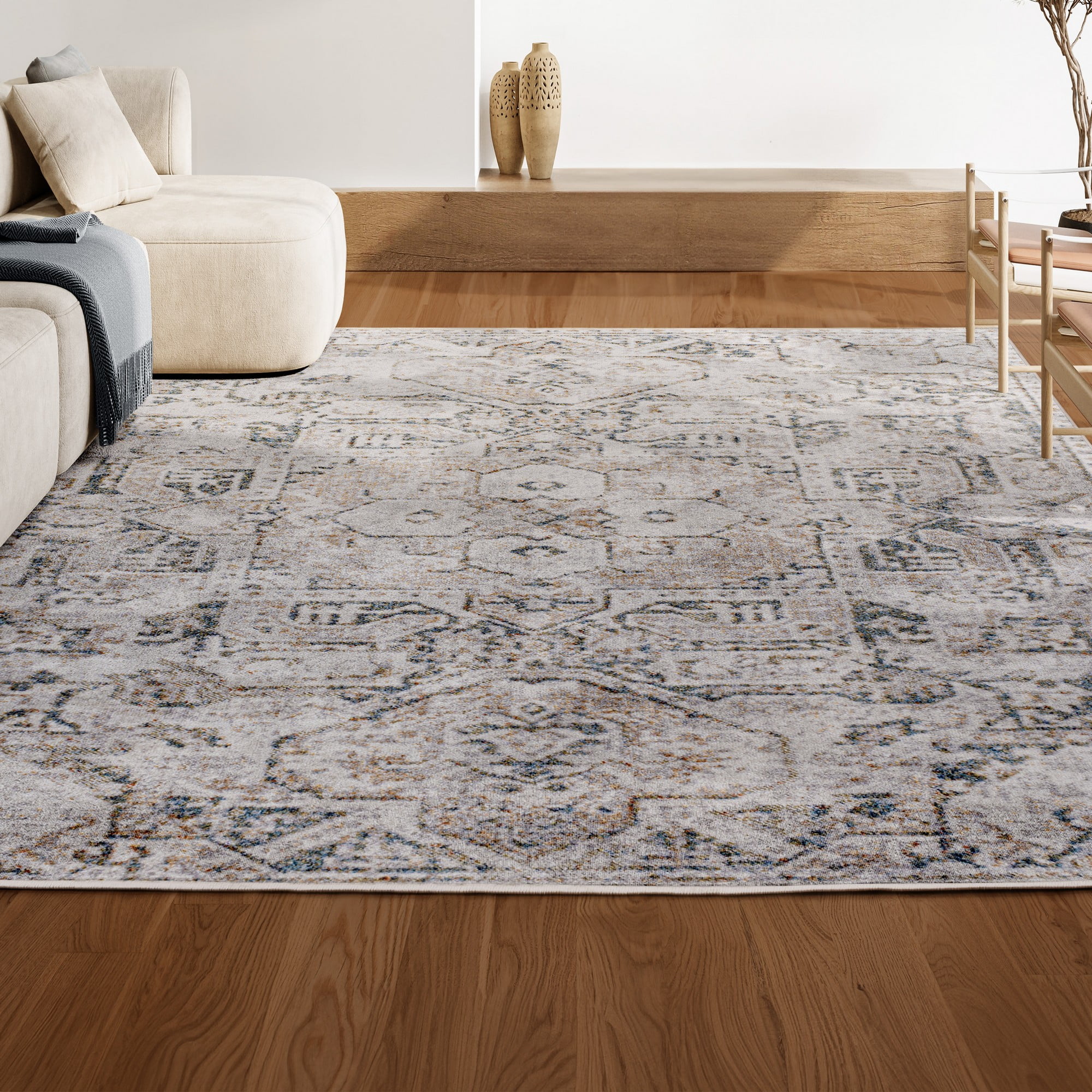 Gray Medallion 5 x 8 Washable Synthetic Area Rug