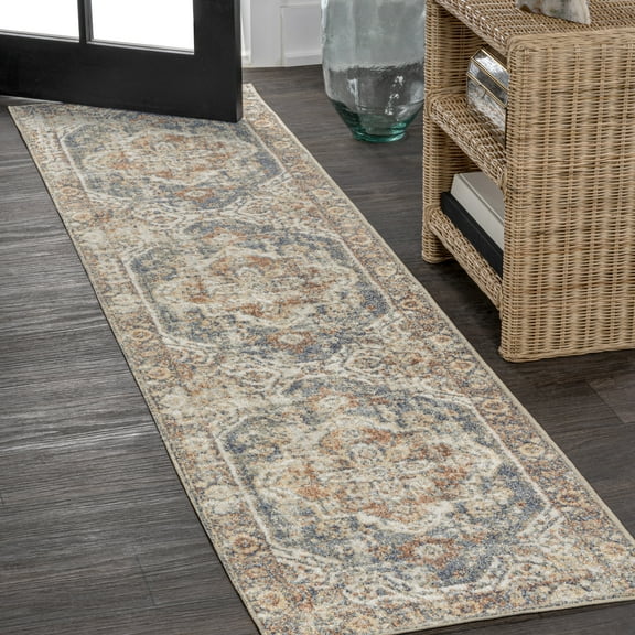 JONATHAN Y WASHABLE 2 x 8 Runner Rug, Keesha Bold Distressed Medallion - Blue/Cream, WSH316A-28