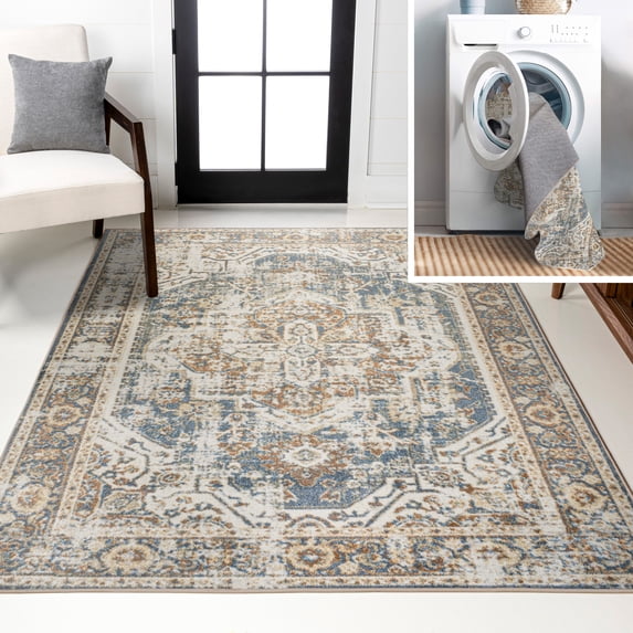 JONATHAN Y WASHABLE 5 x 8 Area Rug, Keesha Bold Distressed Medallion - Blue/Cream, WSH316A-5