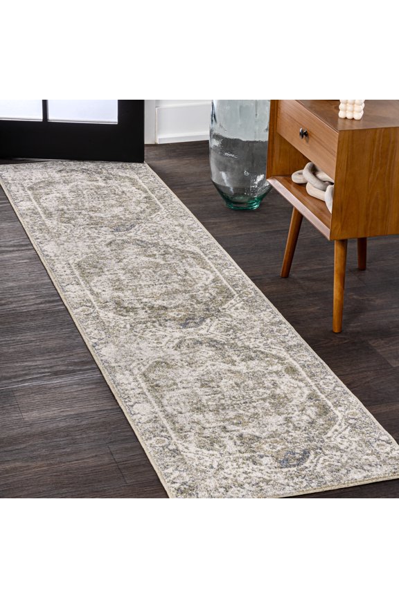 WASHABLE 2 x 8 Runner Rug, Keesha Bold Distressed Medallion - Green/Cream, WSH316C-28