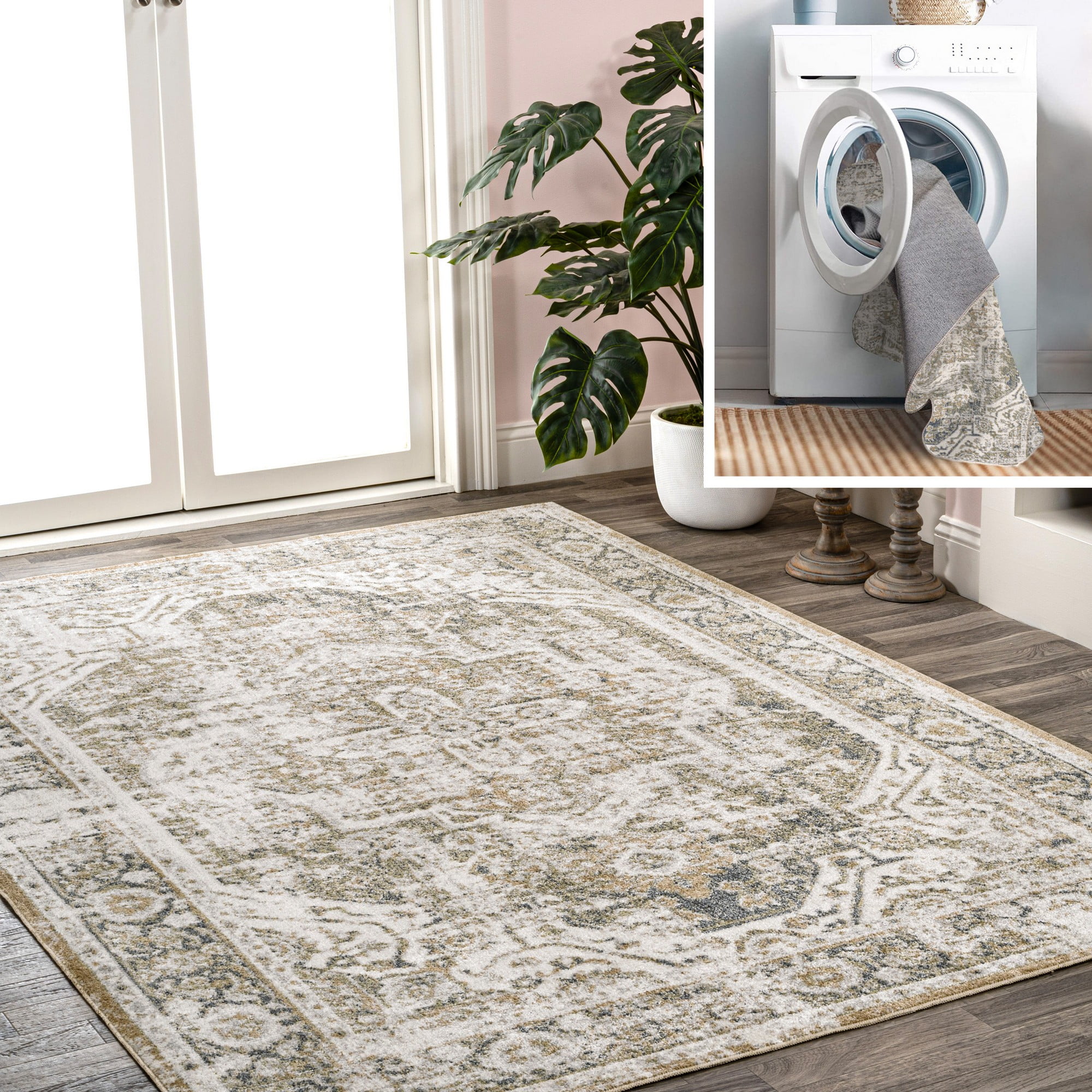Keesha Green and Cream Medallion Washable Synthetic Area Rug 3' x 5'